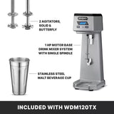 A Heavy-Duty Drink Mixer with digital controls, a metal spindle, and two agitators (solid and butterfly). A metal malt cup is shown on the left. Text highlights these accessories, included with the WDM120TX Single-Spindle Drink Mixer.