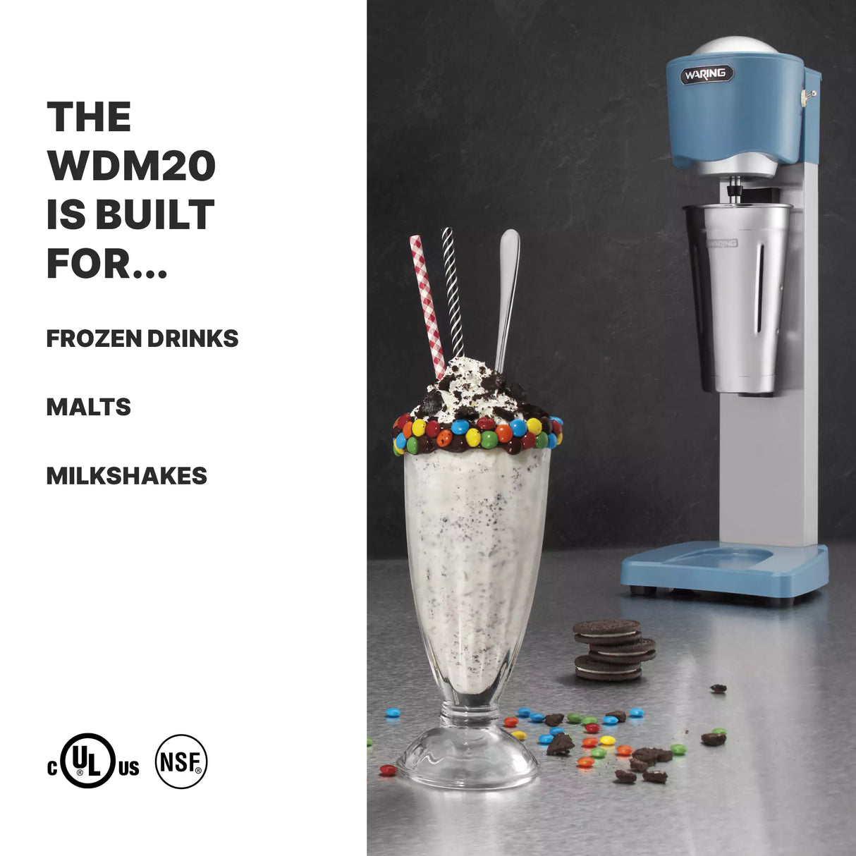 A blue and silver Waring Drink Mixer stands on the counter beside a tall glass of cookies and cream milkshake topped with whipped cream, chocolate drizzle, two straws, and candies. Oreos and candy pieces are scattered nearby. Text lists the machine's uses.