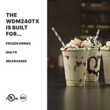 Three tall milkshakes topped with whipped cream and syrup stand on a dark countertop with striped straws. Text on the left reads: The WDM240TX Heavy Duty Drink Mixer is built for frozen drinks, malts, and milkshakes. Certification icons below.