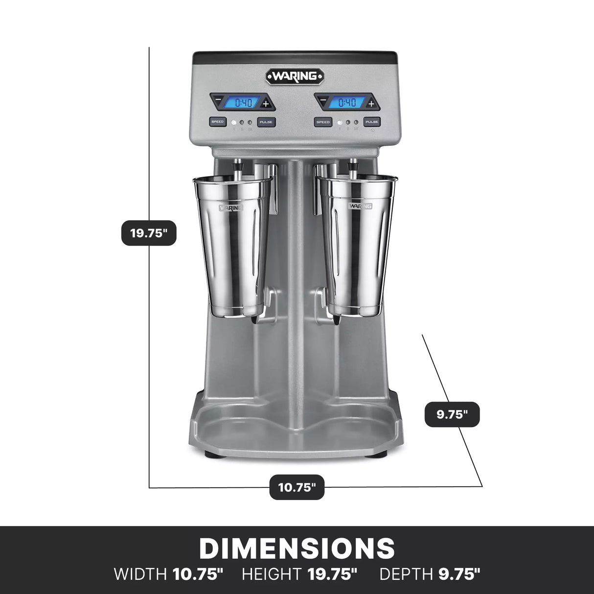 Front view of the Waring double spindle drink mixer with digital displays, two mixing cups, and control buttons. Dimensions: width 10.75 inches, height 19.75 inches, depth 9.75 inches. Brand "Waring" visible at the top.