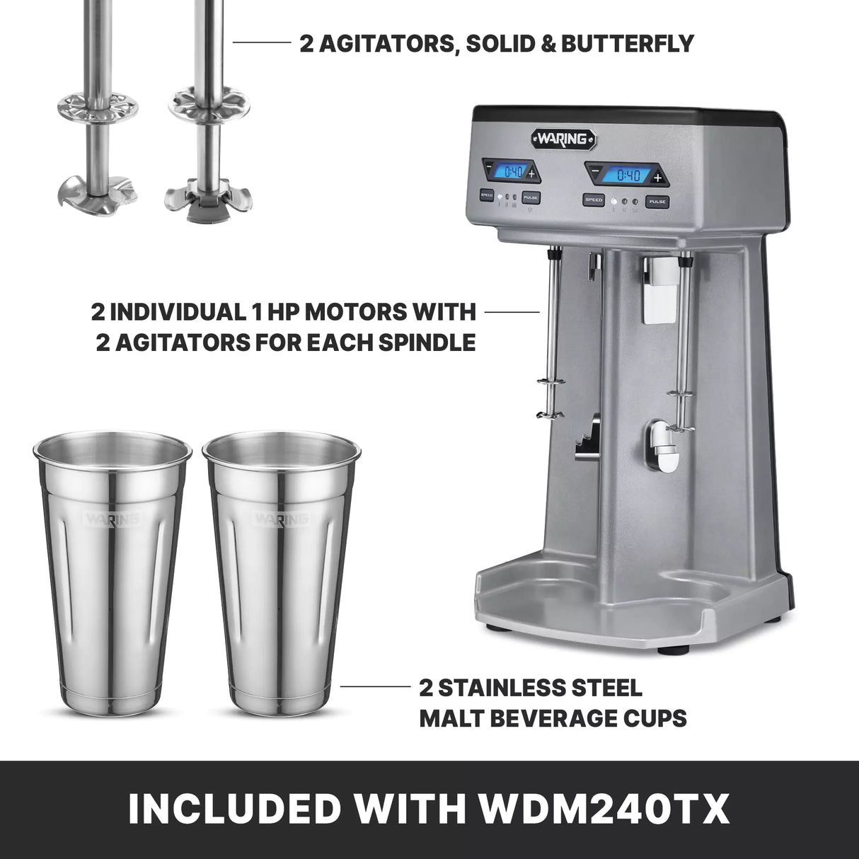 A Waring commercial double spindle drink mixer is shown with labeled features: two agitators (solid and butterfly), two individual 1 HP motors per spindle, and two stainless steel malt beverage cups. Text reads, Included with WDM240TX.