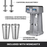 A Waring commercial double spindle drink mixer is shown with labeled features: two agitators (solid and butterfly), two individual 1 HP motors per spindle, and two stainless steel malt beverage cups. Text reads, Included with WDM240TX.