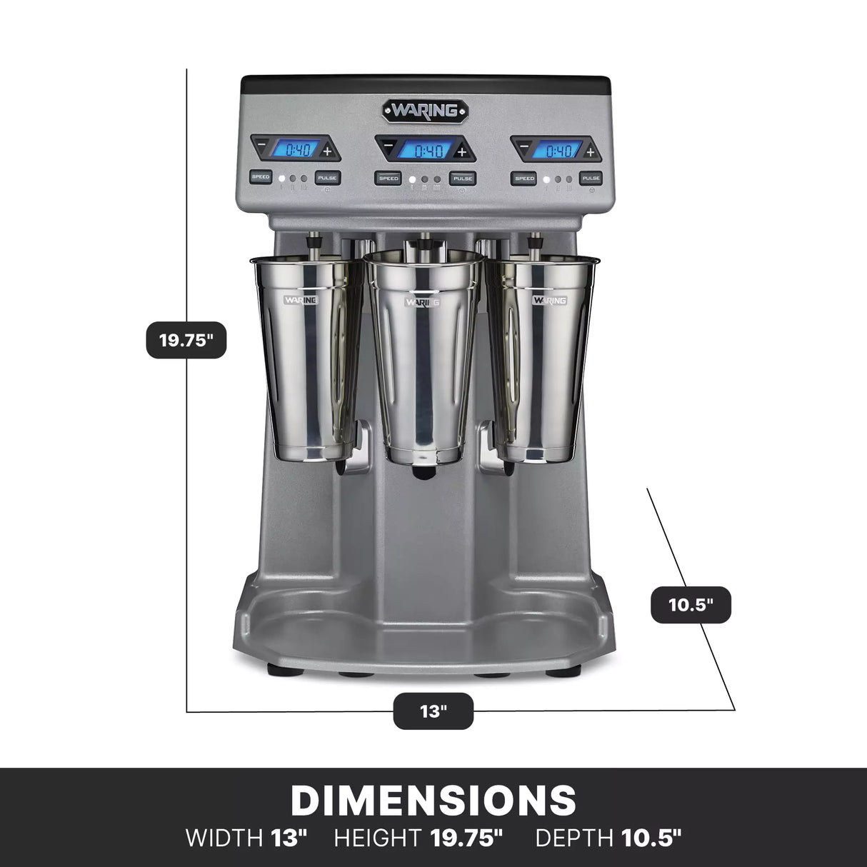 Front-facing Waring triple spindle Drink Mixer with three metal cups, digital controls, and blue displays. Features automatic cup-activated operation. Dimensions: height 19.75”, width 13”, depth 10.5”. Gray with black accents and labeled buttons.