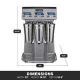 Front-facing Waring triple spindle Drink Mixer with three metal cups, digital controls, and blue displays. Features automatic cup-activated operation. Dimensions: height 19.75”, width 13”, depth 10.5”. Gray with black accents and labeled buttons.
