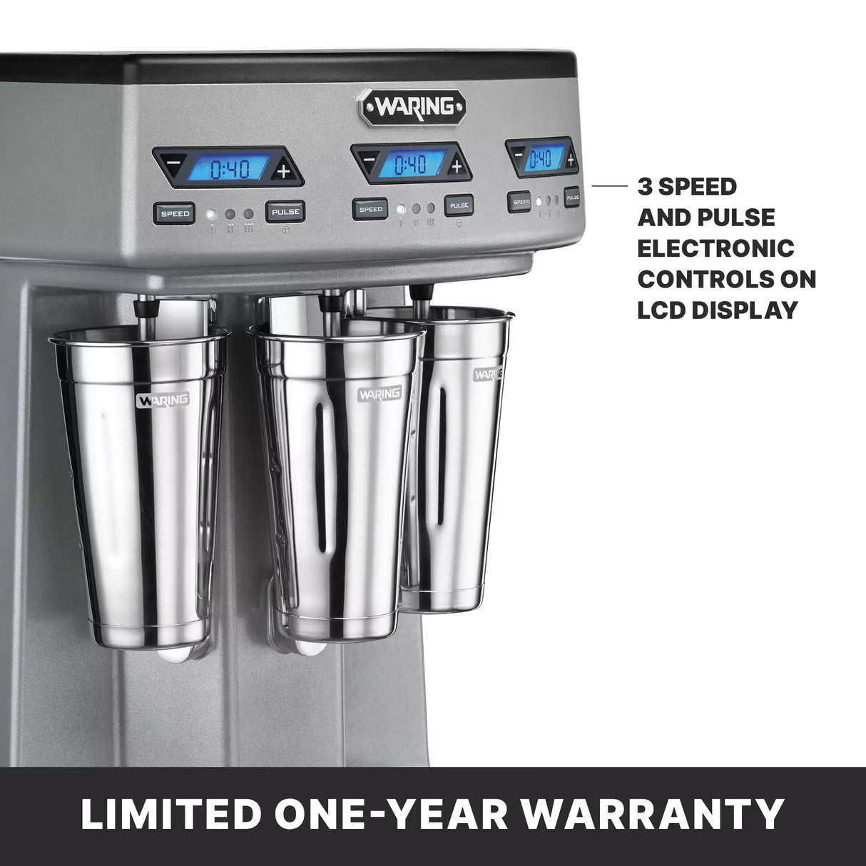 Close-up of a Waring Heavy Duty Drink Mixer with triple spindle, featuring three stainless steel cups and digital LCD displays showing 0:40. Text highlights 3 speed and pulse electronic controls. Banner reads Limited One-Year Warranty. Ideal for countertop use.