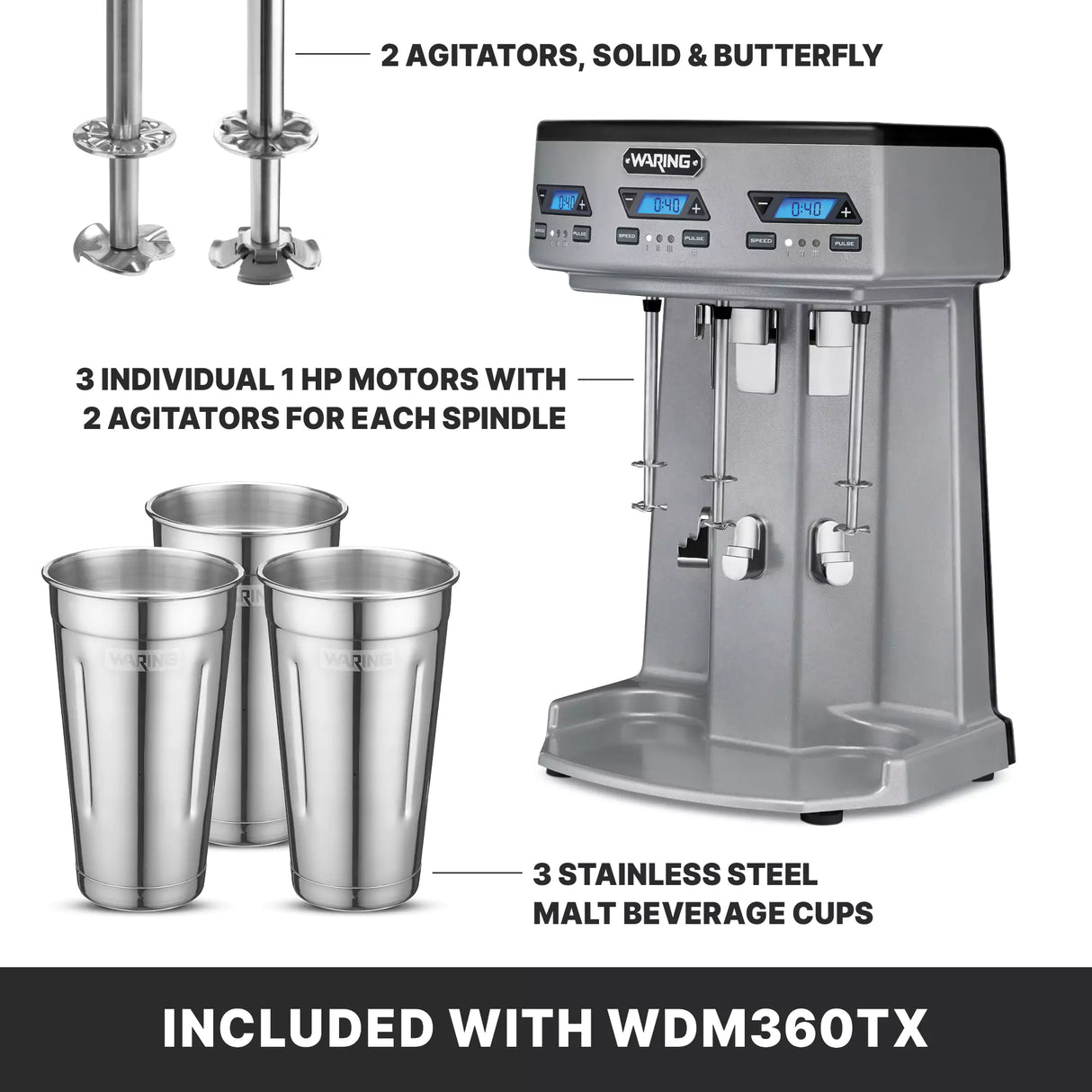 A triple spindle Drink Mixer with automatic cup-activated operation, featuring three motors, two agitators per spindle, a digital display, three stainless steel malt cups, and the model WDM360TX. Includes two agitator types for versatile mixing.