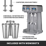 A triple spindle Drink Mixer with automatic cup-activated operation, featuring three motors, two agitators per spindle, a digital display, three stainless steel malt cups, and the model WDM360TX. Includes two agitator types for versatile mixing.
