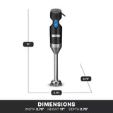 A black and silver immersion blender with a stainless steel shaft is shown upright with labeled dimensions: 17 inches tall and 2.75 inches wide and deep. The background is white, with DIMENSIONS clearly displayed at the bottom.