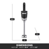 A black and silver medium duty immersion blender is shown upright. Its dimensions are marked: 22.4 inches tall, 5 inches wide, and 5.5 inches deep. A black box at the bottom lists: Width 5, Height 22.4, Depth 5.5.