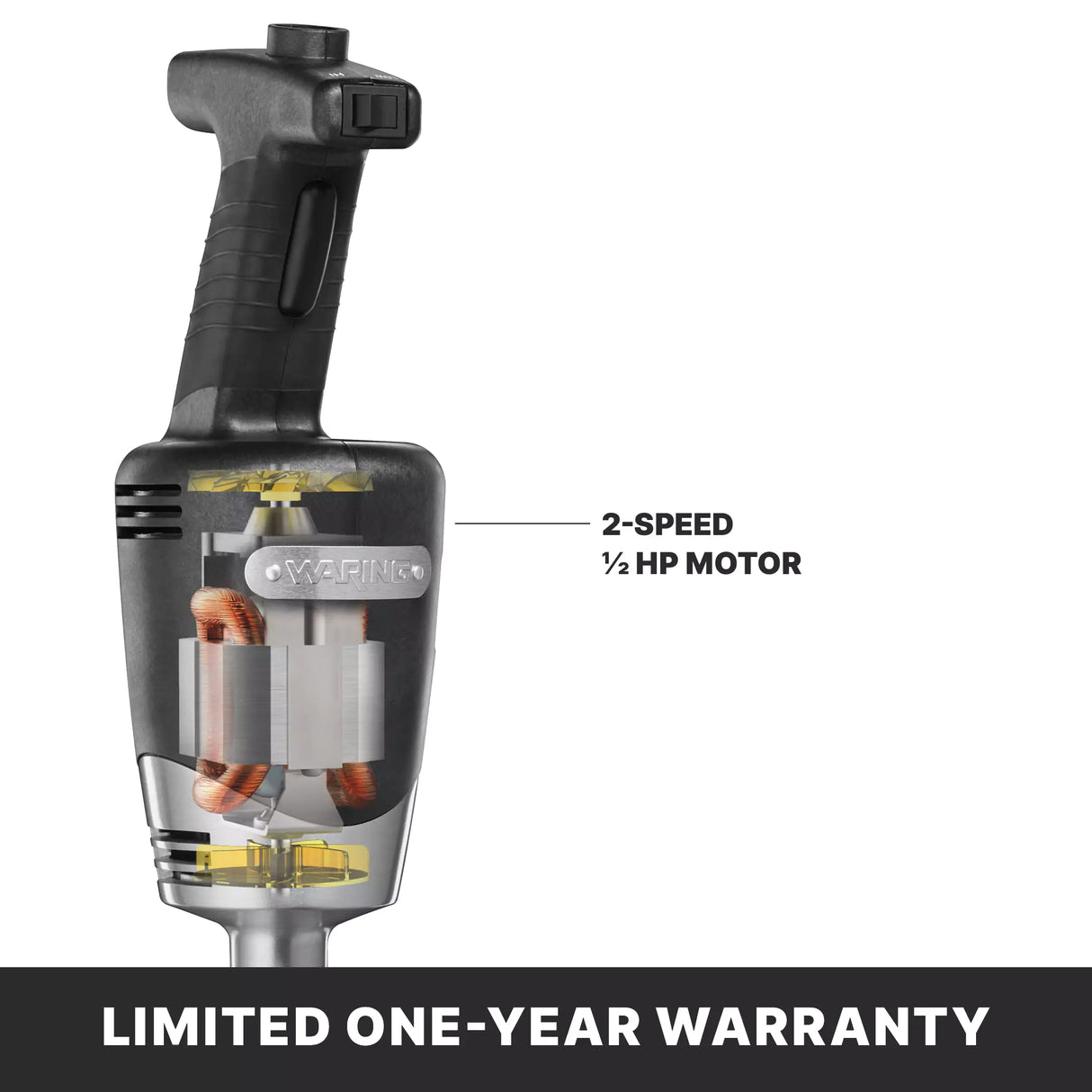 A cutaway illustration of a medium duty handheld power tool shows its internal 2-speed, 1/2 HP motor with visible copper coils. The tool has a black handle and trigger. Text labels the motor’s specifications. Below, a bold banner reads, “LIMITED ONE-YEAR WARRANTY.”.