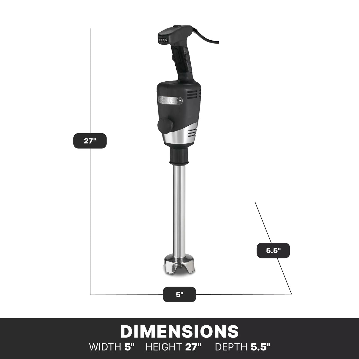 A heavy duty immersion blender is shown upright with labeled dimensions: 27 inches tall, 5 inches wide, and 5.5 inches deep. Designed for commercial use, this blender features a black handle and silver shaft, ideal for blending up to 40 quart capacity.