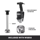 A heavy duty immersion blender kit with three labeled parts: a black-and-silver motor handle labeled “high-efficiency 1 HP motor,” a metal shaft labeled “shaft,” and a stainless steel blade. Text below reads “Included with WSB50.”.