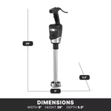 A Big Stix heavy duty immersion blender stands upright against a white background. Text and lines indicate its dimensions: height 29 inches, width 5 inches, and depth 5.5 inches. The handle is black, blending shaft metallic.
