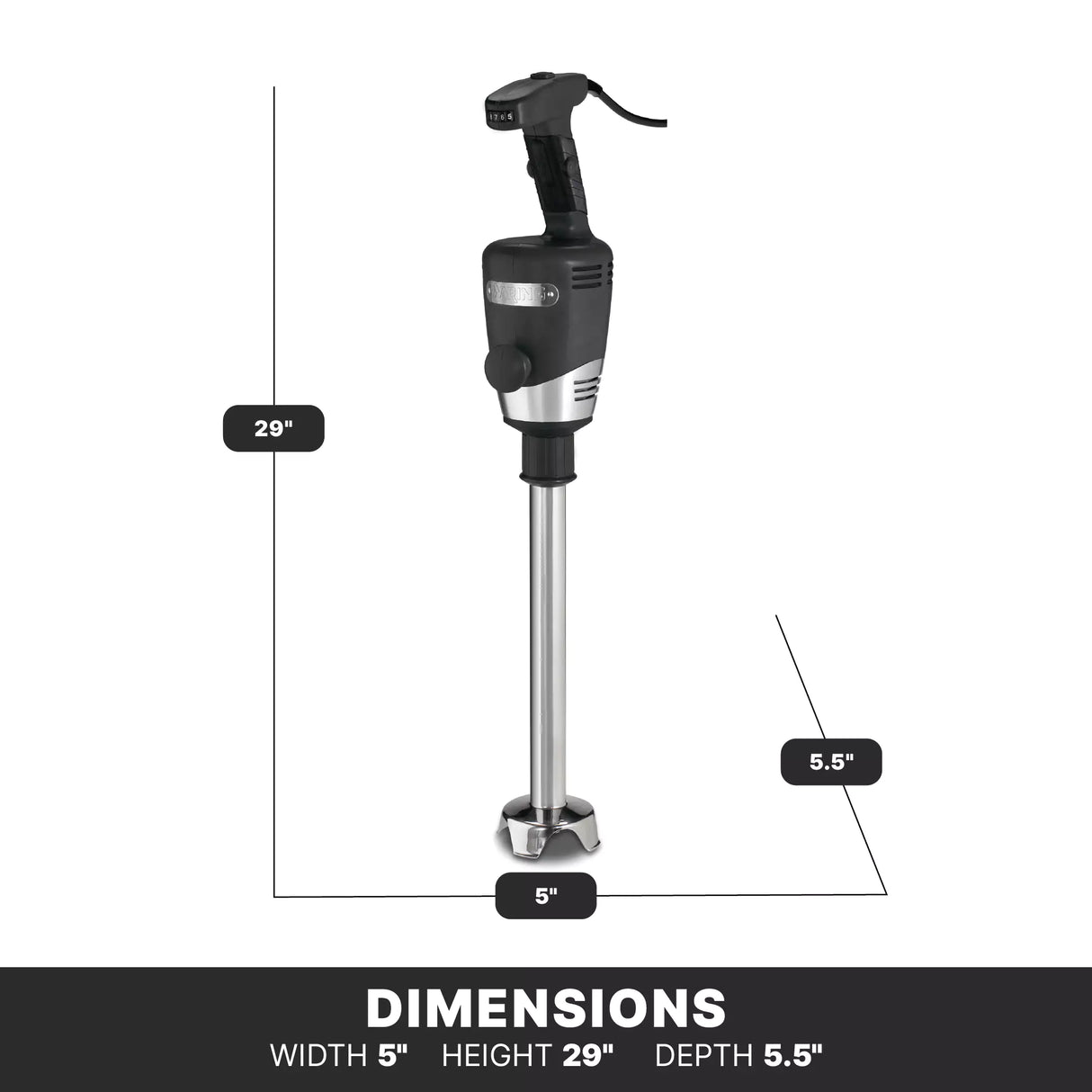A heavy duty black and silver immersion blender stands upright. Labeled lines show its dimensions: 29 inches tall, 5 inches wide, and 5.5 inches deep. The background is white, with bold dimensions listed below; ideal for up to 60 qt capacity.