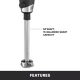 Close-up of a heavy duty immersion blender with a 14-inch stainless steel shaft. Text highlights the 14" shaft and 60 qt capacity. The background is white, with a black banner at the bottom labeled Features.