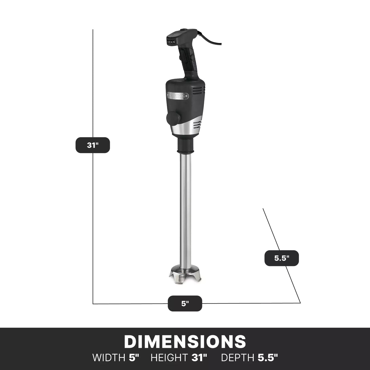 A black and silver Heavy Duty handheld immersion blender stands upright. Text shows its dimensions: 31 inches tall, 5 inches wide at the base, and 5.5 inches deep. Features a long stainless-steel shaft, ergonomic handle, and power cord.