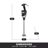 A black and silver Heavy Duty handheld immersion blender stands upright. Text shows its dimensions: 31 inches tall, 5 inches wide at the base, and 5.5 inches deep. Features a long stainless-steel shaft, ergonomic handle, and power cord.