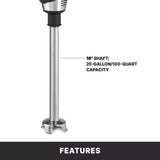 A heavy duty immersion blender with a 16-inch metal shaft stands upright. Text notes “16 shaft; 100 qt capacity.” Set against a white background, a black bar at the bottom boldly displays the word FEATURES in white letters.
