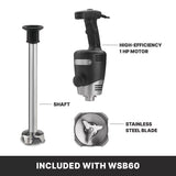 Image showing three labeled parts of the heavy duty immersion blender: a detachable shaft, a black handle with “high-efficiency 1 HP motor,” and a close-up of the stainless steel blade. Caption at the bottom reads, “INCLUDED WITH WSB60. 100 qt Capacity.”.