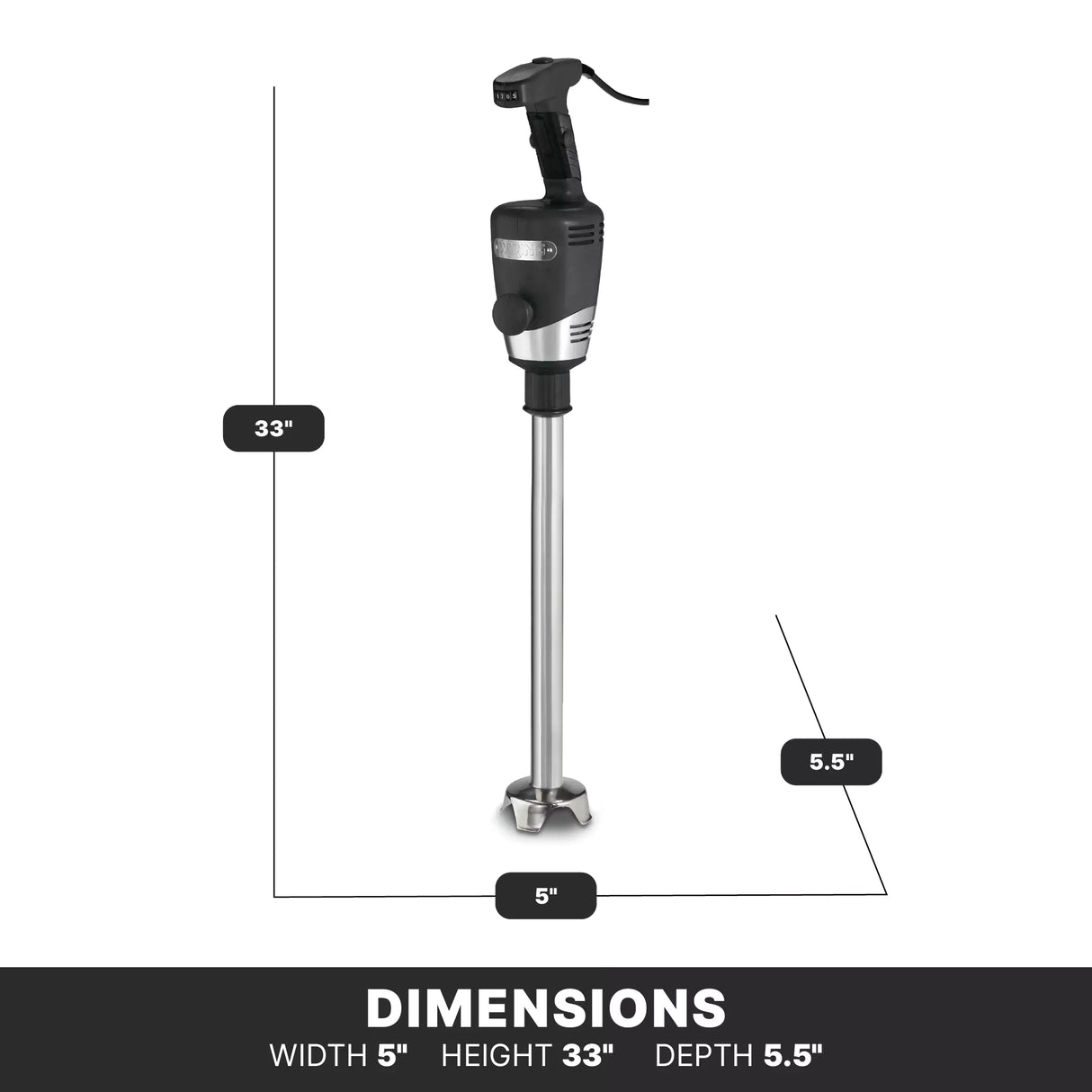 A heavy duty immersion blender stands upright with an 18" stainless steel shaft. Dimensions are labeled: width 5 inches, height 33 inches, depth 5.5 inches. The image features black and silver coloring with white text on a black background.