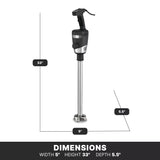 A heavy duty immersion blender stands upright with an 18" stainless steel shaft. Dimensions are labeled: width 5 inches, height 33 inches, depth 5.5 inches. The image features black and silver coloring with white text on a black background.
