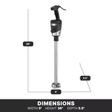 A black and silver immersion blender with a 21" stainless steel shaft stands upright. Lines and labels indicate its heavy-duty dimensions: 36 inches tall, 5 inches wide, and 5.5 inches deep. A black bar at the bottom displays these measurements.