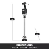 A black-handled, heavy duty immersion blender with a 21" stainless steel shaft stands upright. Text and lines indicate its dimensions: 36 inches tall, 5 inches wide, and 5.5 inches deep in white on a black background at the bottom.