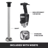 Image showing three parts of a Heavy Duty immersion blender: a black motor handle labeled High-efficiency 1 HP motor, a round stainless steel blade, and a 21" Stainless Steel Shaft. Text reads Included with WSB70. White background, clear product details.