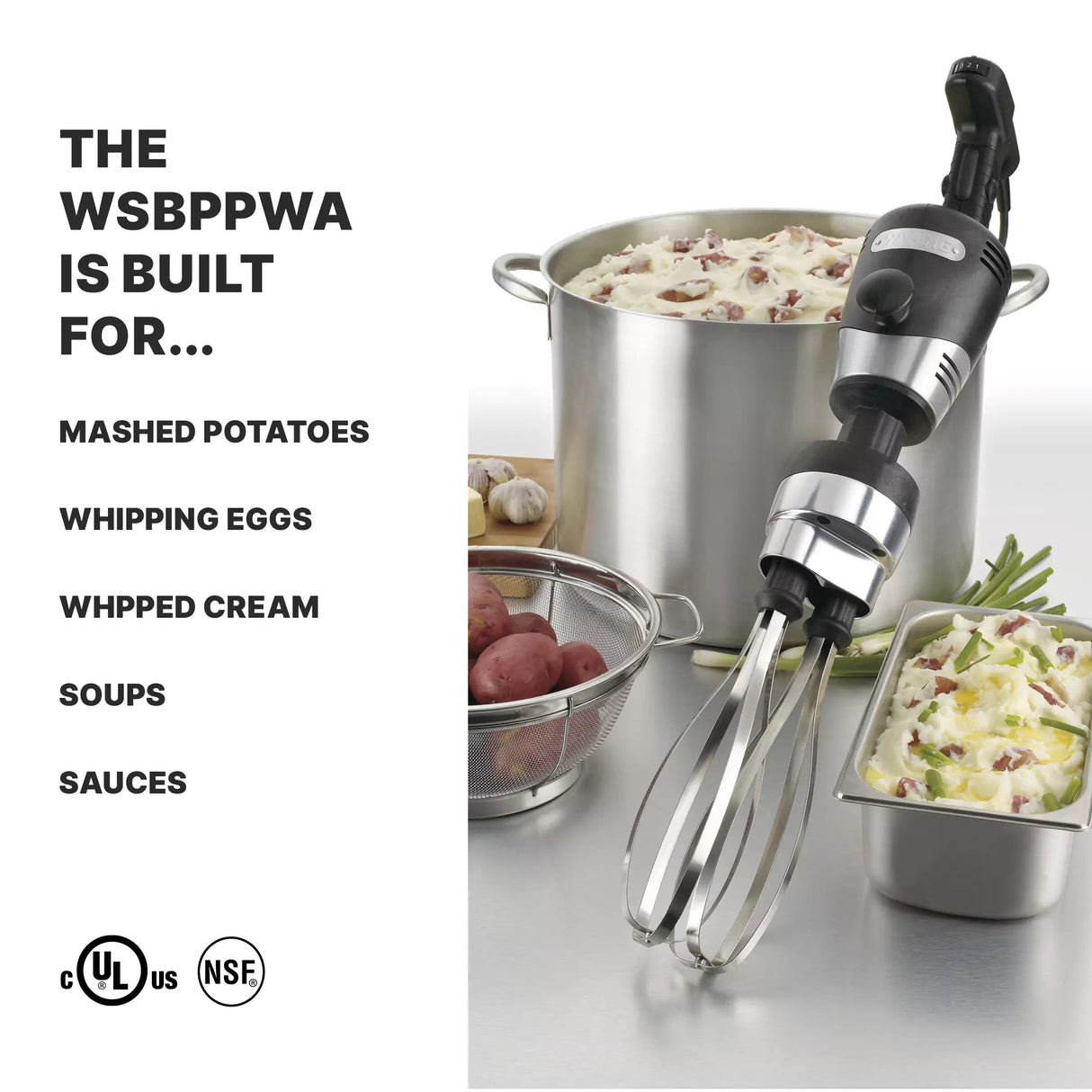 A commercial hand mixer with a variable speed motor and metal beaters rests on a counter near a pot of mashed potatoes, a bowl of red potatoes, and a tray of mashed potatoes. Text lists its uses: mashed potatoes, whipping eggs, whipped cream, soups, sauces. Certification logos shown.