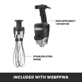 Image features a detachable stainless steel heavy duty whisk and a black hand-held mixer with a high-efficiency 1 HP variable speed motor. Both are labeled, with "INCLUDED WITH WSBPPWA" displayed on a black background.