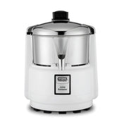 A white and chrome heavy duty Juice Extractor with a black knob on top. The label reads Waring Commercial Juice Extractor. The spout is centered below the lid, and the sturdy cylindrical device offers pulp free juice with stable black feet.