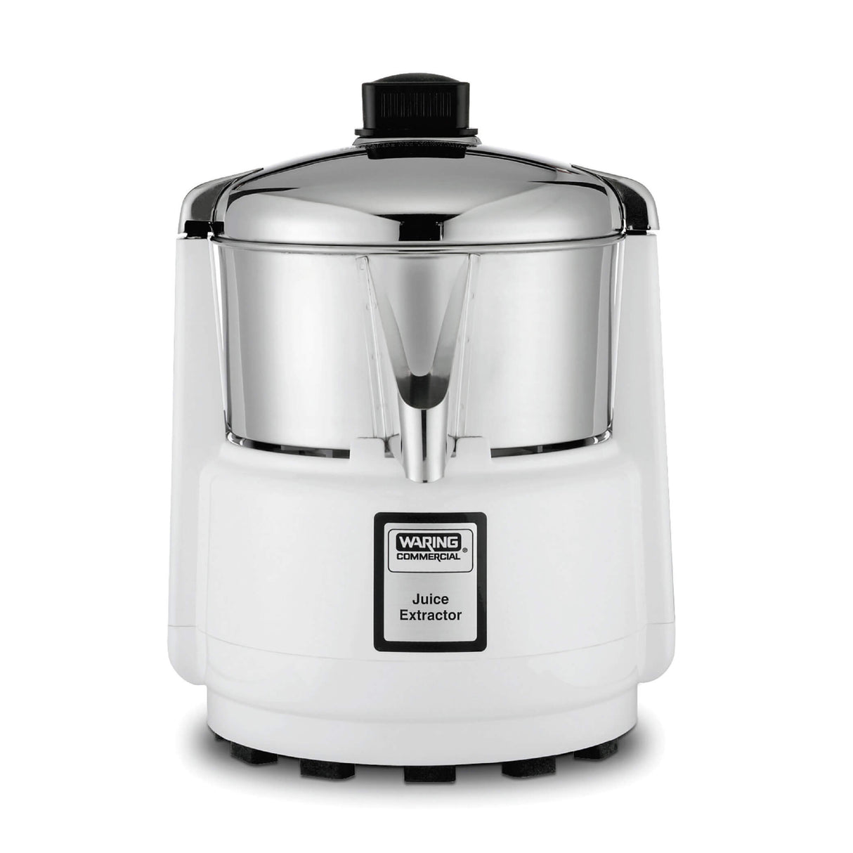 A sleek, cylindrical heavy duty electric Juice Extractor in white and silver with a chrome top, labeled Waring Commercial Juice Extractor. Features a spout for pouring pulp free juice and a black knob on the lid.