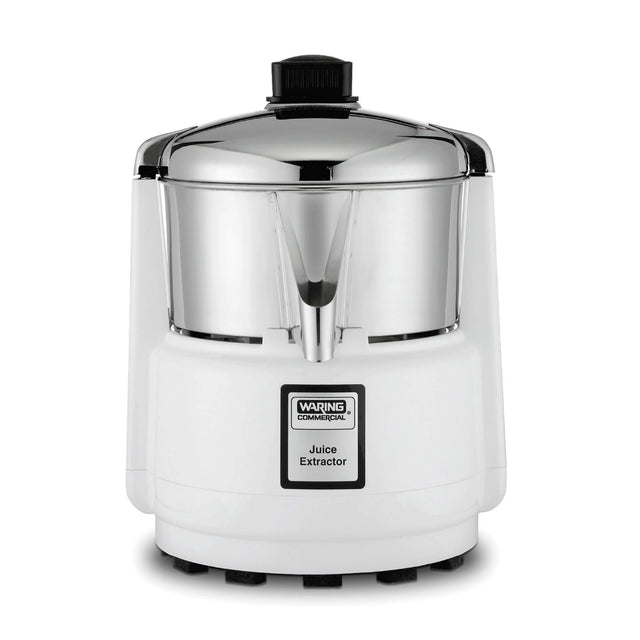 A sleek, cylindrical heavy duty electric Juice Extractor in white and silver with a chrome top, labeled Waring Commercial Juice Extractor. Features a spout for pouring pulp free juice and a black knob on the lid.