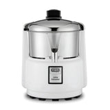 A heavy duty white and chrome Waring Commercial Juice Extractor with a cylindrical body, central spout, black lid, and black rubber feet delivers pulp free juice. A rectangular label on the front reads “Waring Commercial Juice Extractor.”.