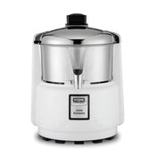 A heavy duty white and chrome Waring Commercial Juice Extractor with a cylindrical body, central spout, black lid, and black rubber feet delivers pulp free juice. A rectangular label on the front reads “Waring Commercial Juice Extractor.”.