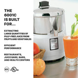 A heavy duty Waring Juice Extractor sits on a counter next to a glass of pulp free juice, an apple, and a basket of oranges. Text highlights the 6001C’s efficiency and suitability for food businesses.