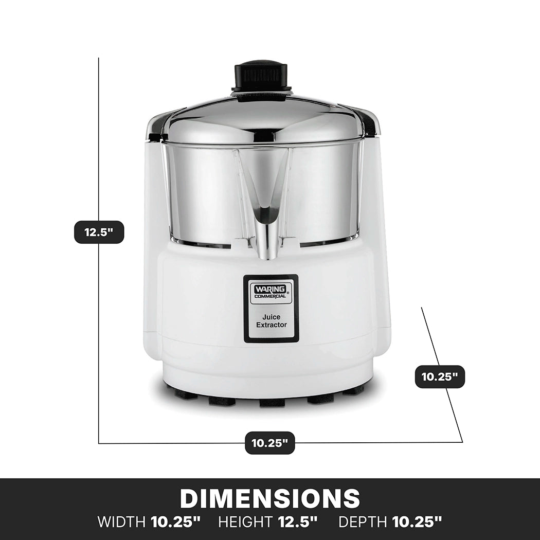 A compact juice extractor, ideal for international use, is shown in white with a shiny chrome top and spout. Its dimensions—12.5" tall, 10.25" wide, 10.25" deep—are displayed as it sits on a white background labeled "DIMENSIONS.