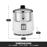 A white and silver Waring 6001XK Commercial Juice Extractor with a black knob on top is centered on a white background. Dimensions—height 12.5 inches, width and depth 10.25 inches—are clearly labeled below the image for international use.