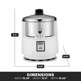 A white and stainless steel Waring Pro heavy duty Juice Extractor is shown. Black arrows indicate its dimensions: 12.5 inches tall, 10.25 inches wide, and 10.25 inches deep. Enjoy pulp free juice from a sturdy base with black feet and a black knob lid.