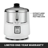 A white and chrome Waring Commercial heavy duty Juice Extractor sits on a black surface. Text highlights the spout: “EXTRACT LARGE QUANTITIES OF PULP-FREE JUICE.” Below, a black banner reads: “LIMITED ONE-YEAR WARRANTY” in bold white letters.