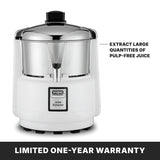 A white and chrome Waring 6001XK Commercial Juice Extractor is shown on a black background. A label points to the spout, noting it extracts large quantities of pulp-free juice. Text below reads, “LIMITED ONE-YEAR WARRANTY.” Suitable for international use.