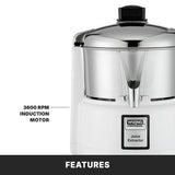 A white and silver Waring Commercial Juice Extractor with a chrome top is shown. Text to the left reads 3600 RPM Induction Motor. Below, a black bar displays FEATURES in bold white letters—ideal for heavy duty, pulp free juice extraction.