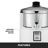 A white and silver Waring 6001XK Commercial Juice Extractor is shown close-up. A label highlights its 3600 RPM induction motor. The text FEATURES appears at the bottom of the image on a black band.