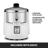 A white and stainless steel heavy duty Juice Extractor sits on a black surface. It features a spout, top control knob, and Waring Commercial label. Text highlights its stainless steel blade, basket, bowl, cover—perfect for pulp free juice.