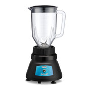 A clear plastic blender jar with 48 oz. capacity and measurement markings sits on a black Bar Blender base featuring a blue control panel with dial and buttons. The jar has a handle, spout, stainless steel blade, and a lid with a clear center cap.