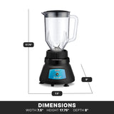 A countertop bar blender with a clear copolyester container and black base is shown. Black lines indicate its dimensions: height 17.75 in, width 7.5 in, depth 8 in. A label below lists these dimensions in bold white text on a black background.