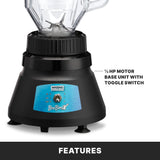 A black bar blender base labeled Waring Commercial BevBasix with a blue control panel features a toggle switch labeled Off, On, and Pulse. A clear copolyester container sits on top. An arrow points to the base, noting “½ HP motor base unit with toggle switch.”.