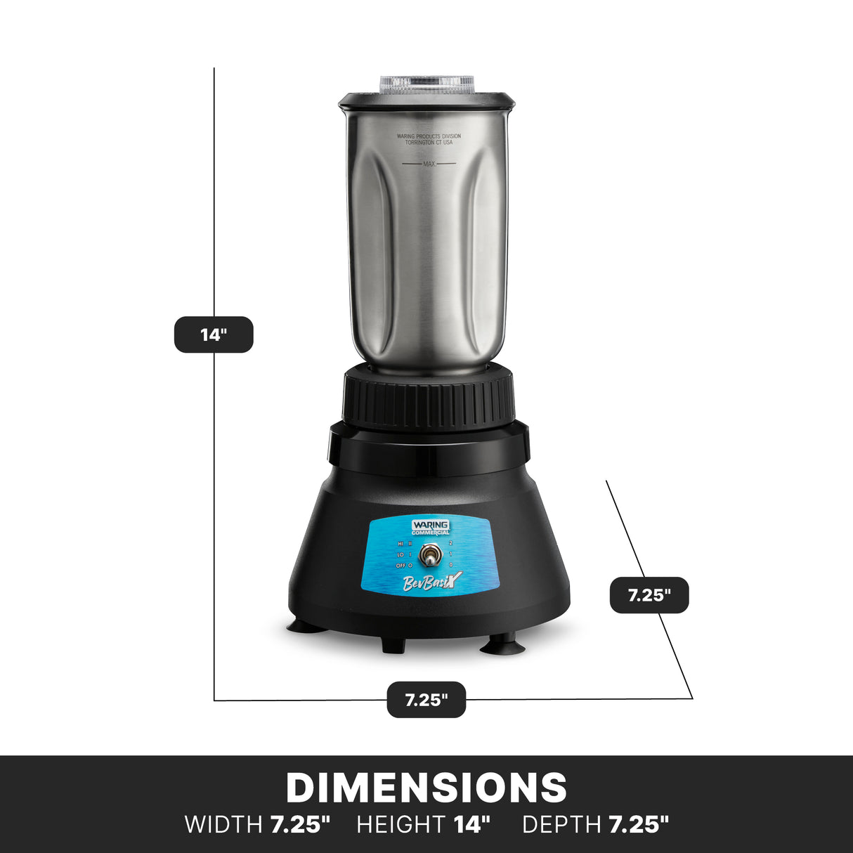 Image of a bar blender with a 32 oz. capacity and stainless steel container, featuring a blue front panel and black base labeled “BAR BLENDER.” Dimensions are shown on a white background with black text at the bottom.