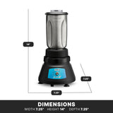 Image of a bar blender with a 32 oz. capacity and stainless steel container, featuring a blue front panel and black base labeled “BAR BLENDER.” Dimensions are shown on a white background with black text at the bottom.