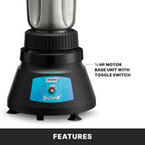 Close-up of a Waring Commercial BevBasix bar blender base. The black motor base, suited for a 32 oz. capacity stainless steel container, features a blue front panel, toggle switch, and four feet. “½ HP MOTOR BASE UNIT WITH TOGGLE SWITCH.” “FEATURES” is below.